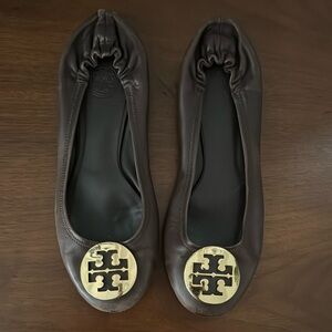 Tory Burch Brown Leather Ballet Flats with Gold Medallion